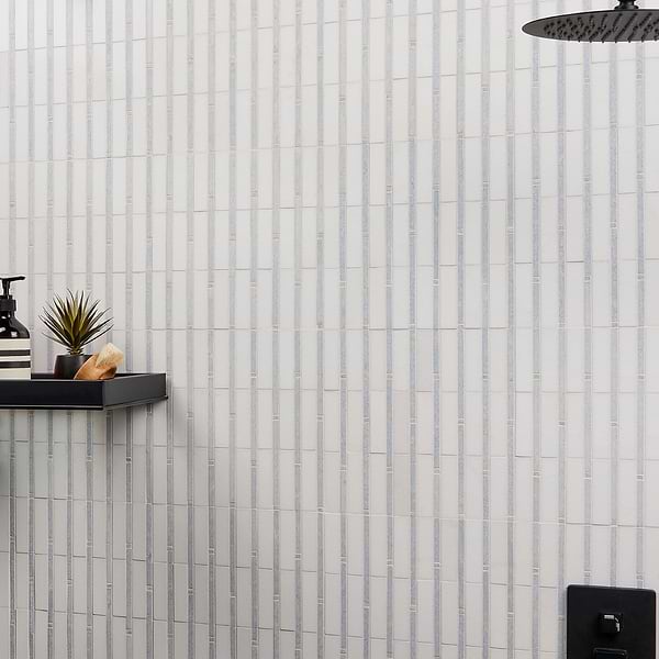 Rattan White Thassos & Blue Celeste 1x4 Polished Marble Mosaic Tile