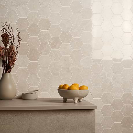 Botticino Extra Light Beige 4” Hexagon Polished Marble Mosaic Tile