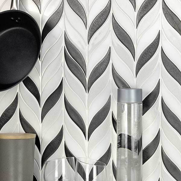 Nabi Sprig Gunmetal Black & White Crackled Glass Mosaic in Gun Metal, White, View 1