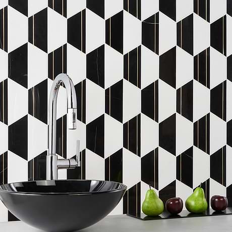 Fuse Nero 6" Polished Marble and Brass Inlay Mosaic