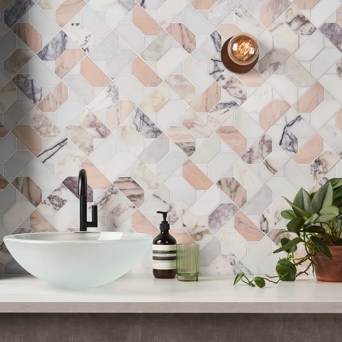 Isobel Grace Peach Polished Marble Luxury Mosaic Tile; in Peach, White, Purple Marble; for Backsplash, Bathroom Floor, Bathroom Wall, Commercial Floor, Floor Tile, Kitchen Floor, Kitchen Wall, Outdoor Wall, Shower Floor, Shower Wall, Wall Tile; in Style Ideas Classic, Mediterranean, Mid Century, Traditional, Transitional; released 2025; new, trends
