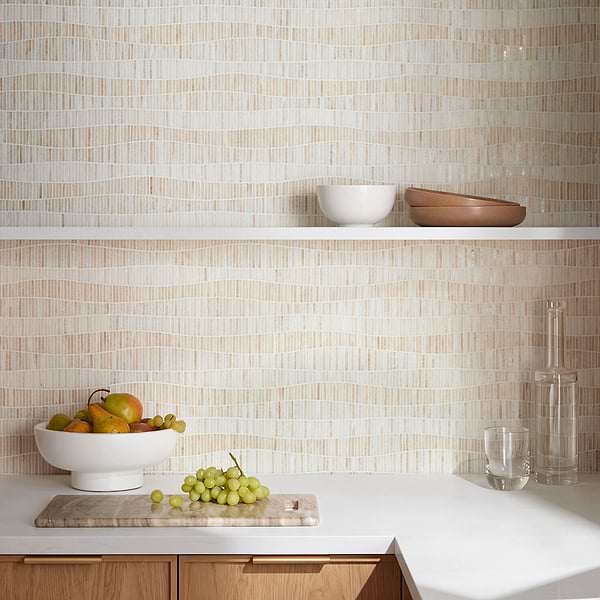 Ladera Wave Vanilla Onyx Honed Marble Micro Mosaic Tile in Beige & Cream, View 2, open zoomed image