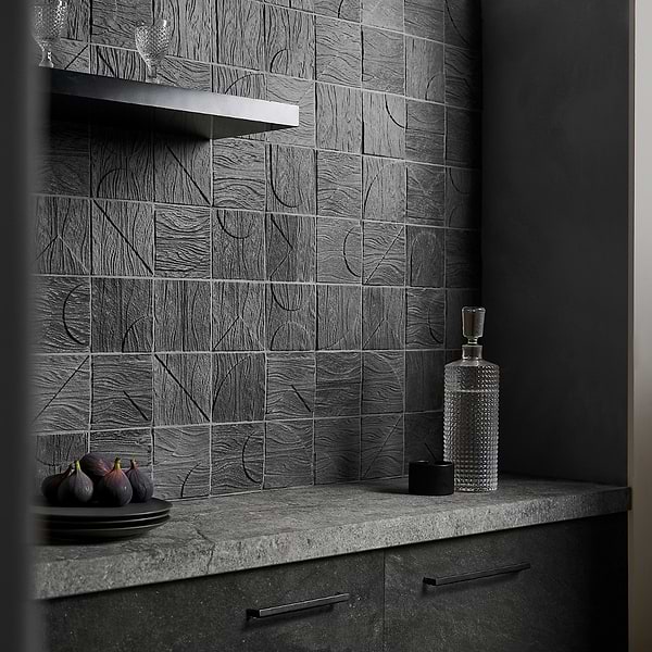 Trevino Carved Black 4x4 3D Satin Basalt Stone Tile