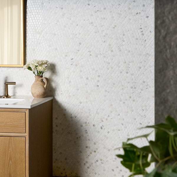 Breeze Drift Calacatta Gold Micro Marble Fan Mosaic Tile