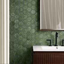 Nabi Hexagon Fern Green 3" Crackled Glossy Glass Mosaic Tile