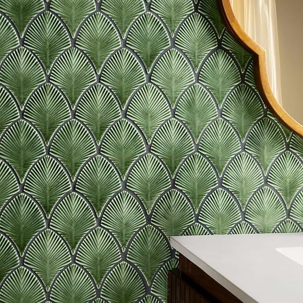 Nabi Fish Scale Fern Green 3x4"  Crackled Glossy Glass Mosaic Tile