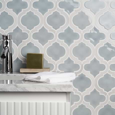 Nabi Arabesque Arctic Blue 4" Crackled Mixed Finish Glass & Marble Mosaic Tile