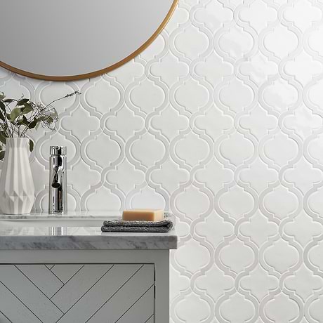 Nabi Arabesque Glacier White 4" Crackled Mixed Finish Glass & Marble Mosaic Tile