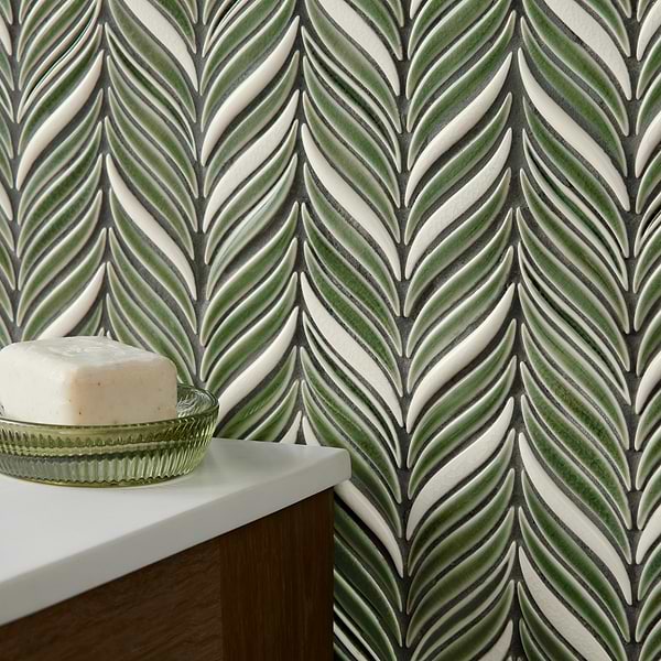 Nabi Alula Fern Green Chevron Crackled Glossy Glass Mosaic Tile