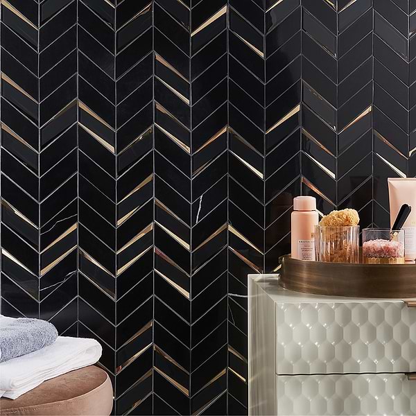 Kasol Portoro Black 2x4 Marble and Mirrored Glass Polished Mosaic Tile