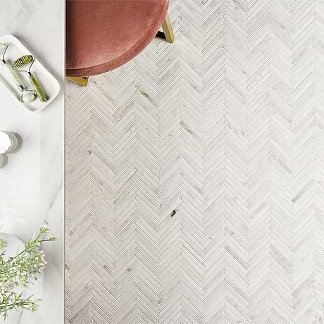 Alaska White 1/2"x4" Herringbone Polished Marble Mosaic Tile