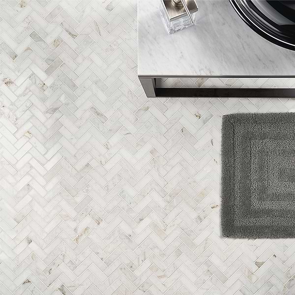 Alaska White 1x3" Herringbone Polished Marble Mosaic Tile