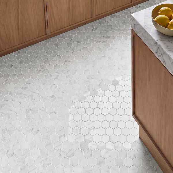 Bianco Carrara 2" Hexagon Polished Marble Mosaic Tile in White, View 2, open zoomed image