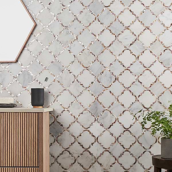 Cassie Chapman Eva White 4" Polished Marble & Mother of Pearl Arabesque Mosaic Tile