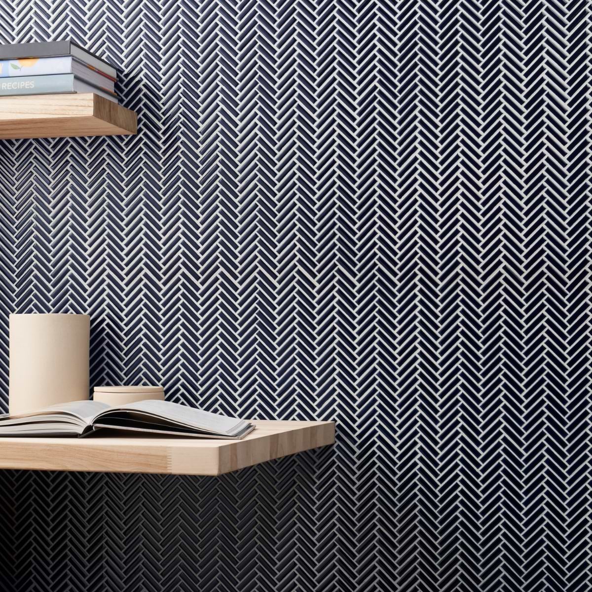 Kai Royal Blue 1x2" Herringbone Crackled Glossy Porcelain Mosaic Tile; in Dark Blue Porcelain; for Backsplash, Bathroom Wall, Kitchen Wall, Outdoor Wall, Shower Wall, Wall Tile; in Style Ideas Contemporary, Craftsman, Mediterranean, Modern, Traditional; released 2025; new, trends
