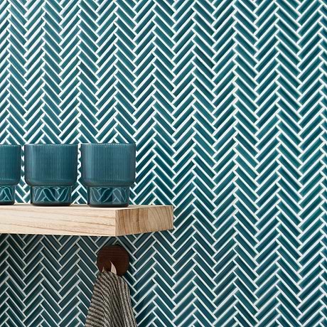 Kai Teal 1x2" Herringbone Crackled Glossy Porcelain Mosaic Tile