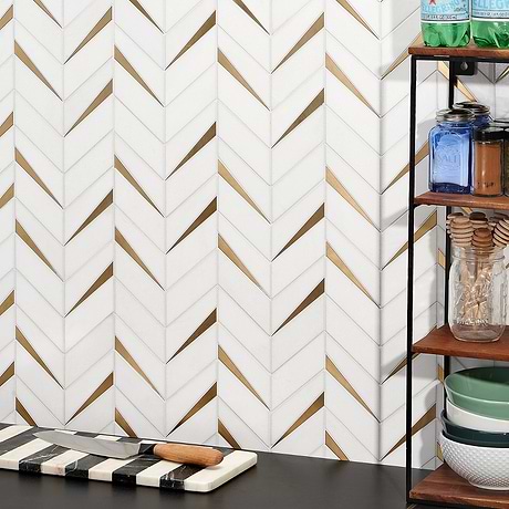 Vara Thassos Polished Marble and Brass Mosaic Tile