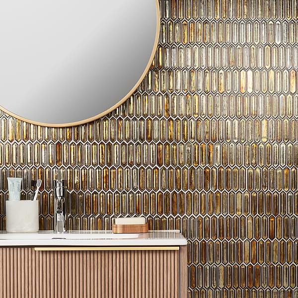 Komorebi Picket Firefly Gold 1x3 Polished Glass Mosaic Tile