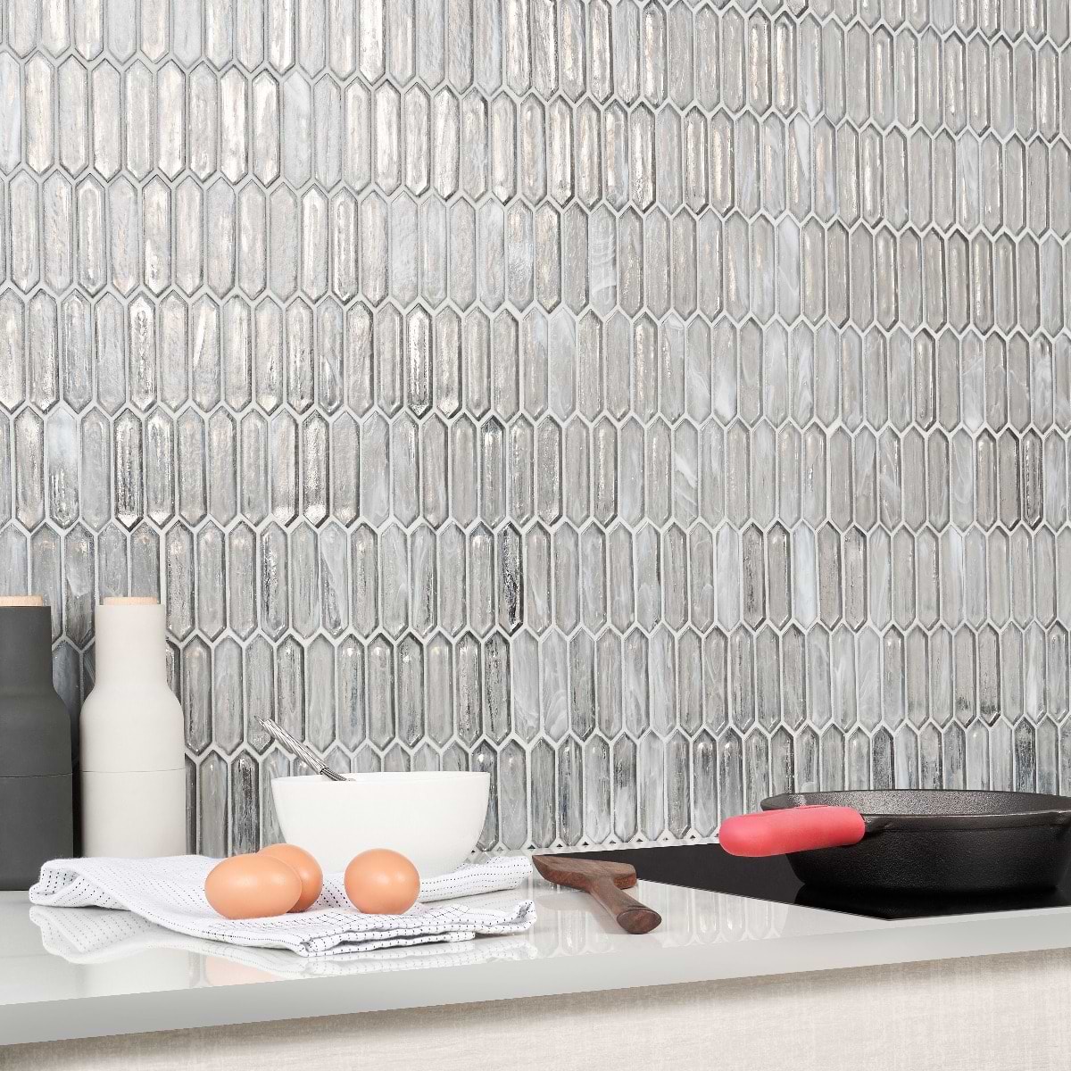 Sample-Komorebi Picket Mineral Ice Gray 1x3 Polished Glass Mosaic Tile