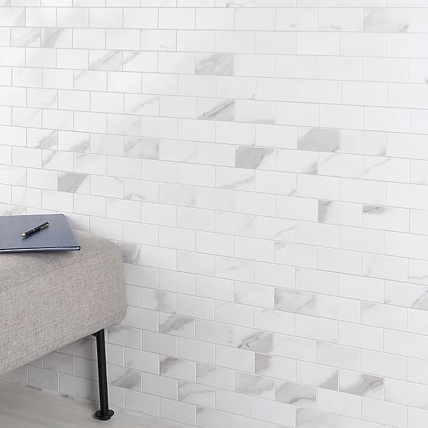 Calacatta LPS White 2x4 Brick Solid Core Peel & Stick Self Adhesive Marble Look Matte Tile