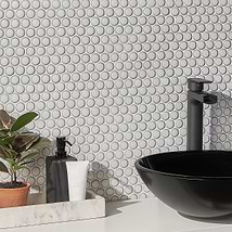 Nirvana Snow Rimmed 1" Penny Round White  Polished Porcelain Mosaic