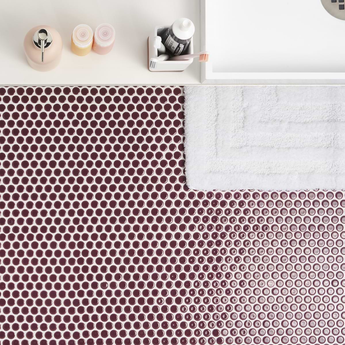 Eden Summer Plum Purple 1" Rimmed Penny Round Polished Porcelain Mosaic; in Purple Porcelain; for Backsplash, Bathroom Floor, Bathroom Wall, Commercial Floor, Floor Tile, Kitchen Floor, Kitchen Wall, Outdoor Wall, Shower Floor, Shower Wall, Wall Tile; in Style Ideas Beach, Classic, Contemporary, Cottage, Mediterranean, Mid Century, Transitional, Tropical, Whimsical