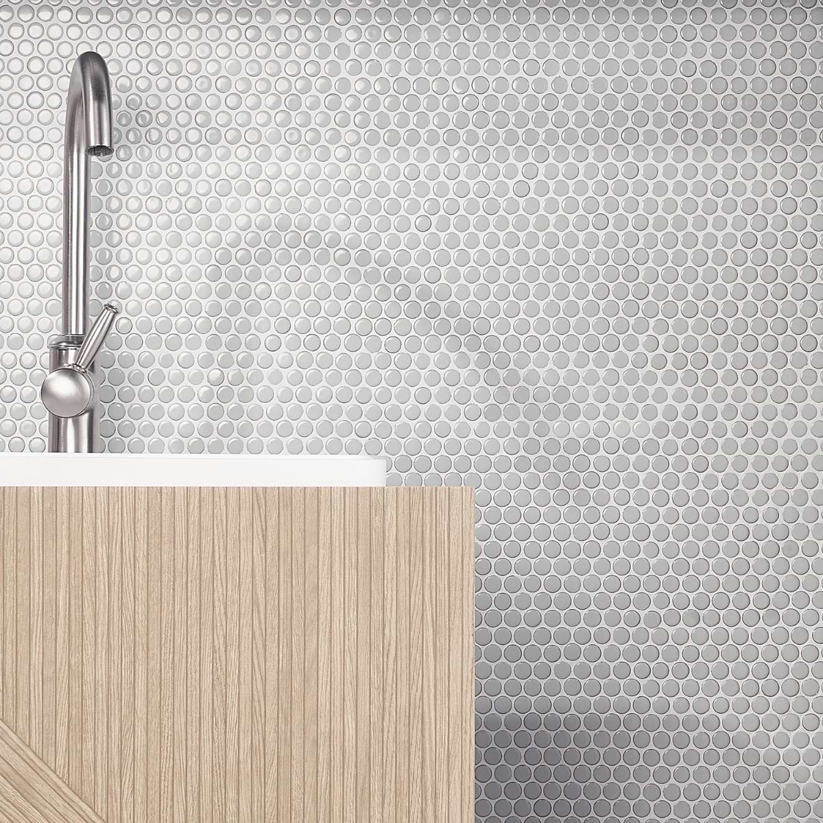 Eden Antiguan Sky Gray 1" Rimmed Penny Round Polished Porcelain Mosaic; in Gray Porcelain; for Backsplash, Bathroom Floor, Bathroom Wall, Commercial Floor, Floor Tile, Kitchen Floor, Kitchen Wall, Outdoor Wall, Shower Floor, Shower Wall, Wall Tile; in Style Ideas Classic, Contemporary, Mid Century; released 2025; new, trends