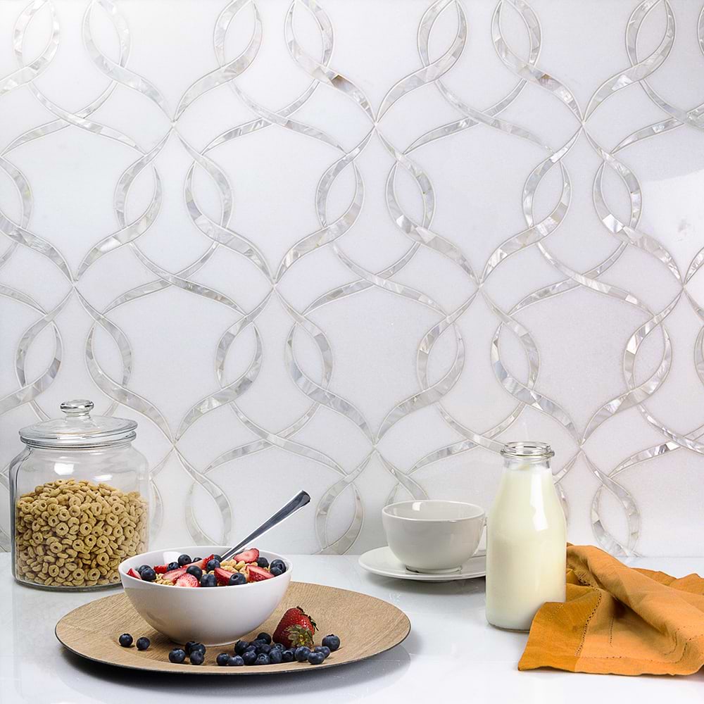 Arya White Polished Marble & Pearl Mosaic; in White Thassos; for Backsplash, Bathroom Wall, Kitchen Wall, Shower Wall, Wall Tile; in Style Ideas Mid Century, Transitional