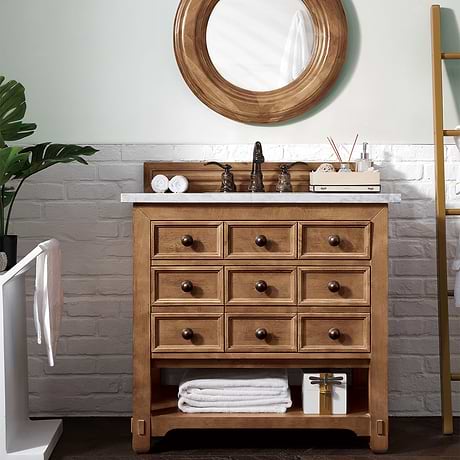 James Martin Vanities Malibu 36" Honey Alder Vanity and Carrara Marble Counter