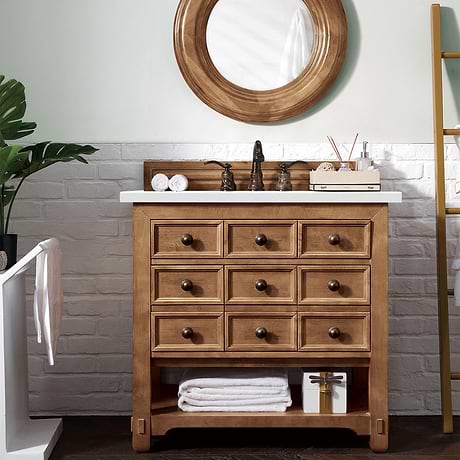 James Martin Vanities Malibu 36" Honey Alder Vanity and White Zeus Quartz Counter