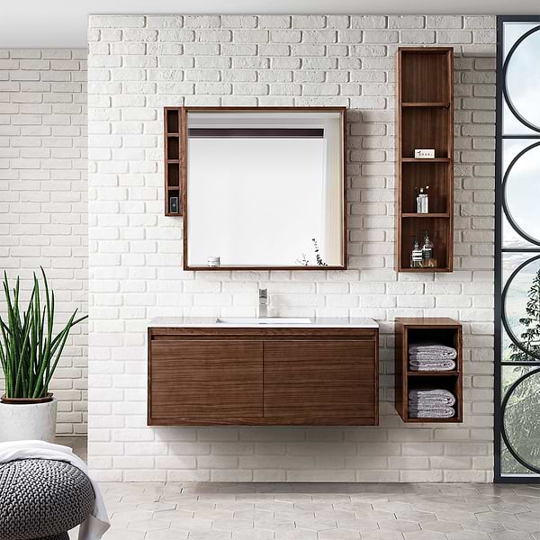 James Martin Vanities Mantova Mid-Century Walnut 48" Floating Vanity with Glossy White Integrated Top