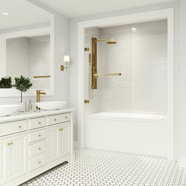 Milo 34"x58" Reversible Hinged Bathtub Screen with Clear Glass in Matte Brushed Gold