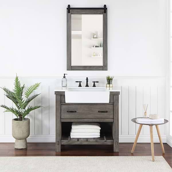 Inwood Gray Oak 36" Single Vanity with White Stone Top and Farmhouse Sink