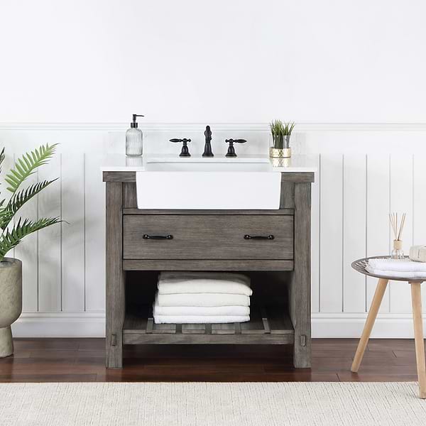 Inwood Gray Oak 36" Single Vanity with White Stone Top and Farmhouse Sink