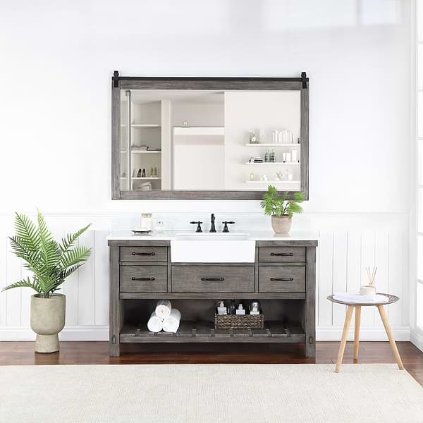 Inwood Gray Oak 60" Single Vanity with White Stone Top and Farmhouse  Sink