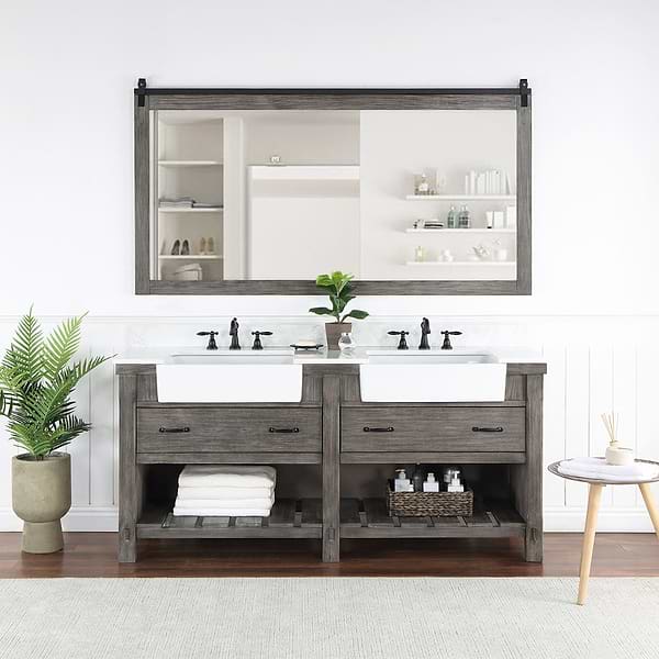 Inwood Gray Oak 72" Double Vanity with White Stone Top and Farmhouse Sink