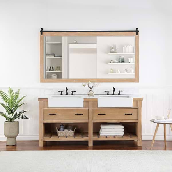 Inwood Blonde Oak 72" Double Vanity with White Stone Top and Farmhouse Sink