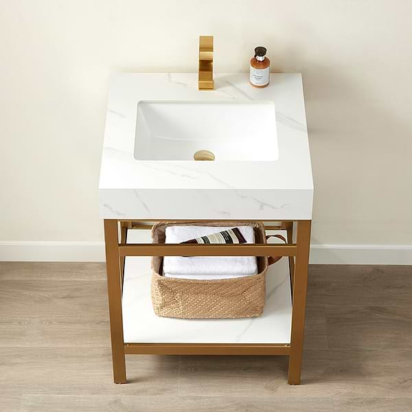 Blaire Brushed Gold 24" Single Vanity with White Sintered Stone Top, View 4, open zoomed image