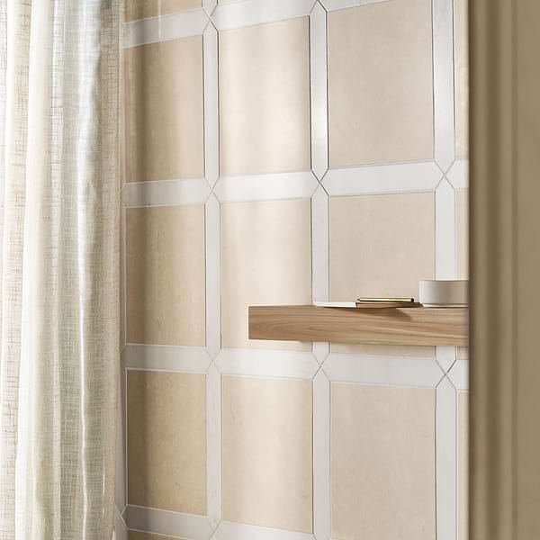 Prezzo Crema Ella 12x12 Square and Ayfon White 2x12 Picket Honed Marble Tile