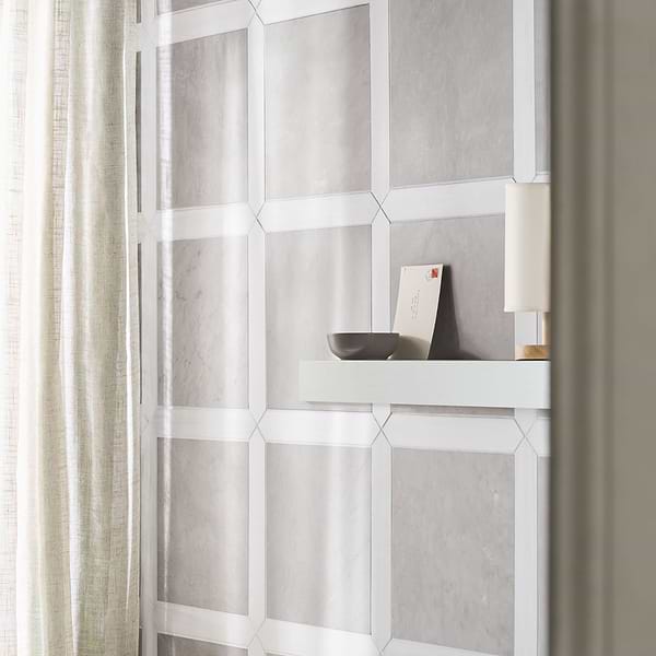 Prezzo Ice Gray 12x12 Square and Glacier White 2x12 Picket Honed Marble Tile