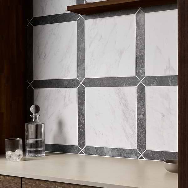 Prezzo Volakas 12x12 Square and Lovina Gray 2x12 Picket Honed Marble Tile