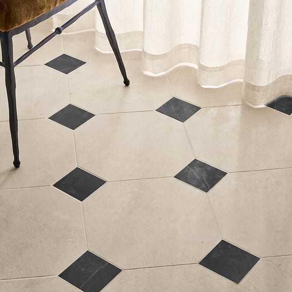 Alaris Crema Ella 12" Octagon with Black Silk Dot Honed Marble Tile