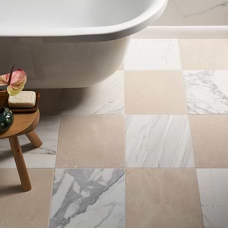 Avanti Calacatta Gold and Crema Marfil Beige 12x12 Tumbled Marble Checkerboard Tile