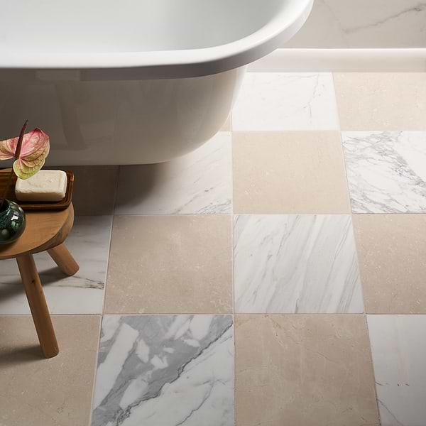 Avanti Calacatta Gold and Crema Marfil Beige 12x12 Tumbled Marble Checkerboard Tile