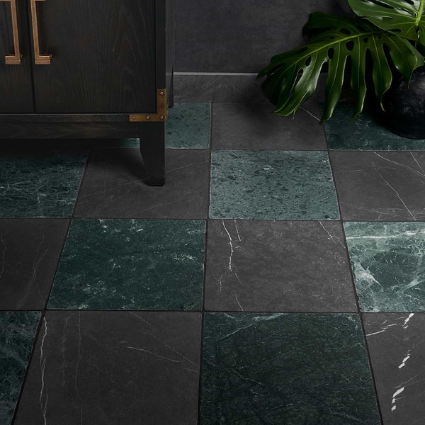 Avanti Nero Marquina Black and Verde Green 12x12 Tumbled Marble Checkerboard Tile