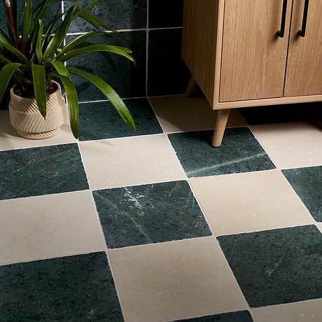 Avanti Verde Green and Crema Marfil Beige 12x12 Tumbled Marble Checkerboard Tile