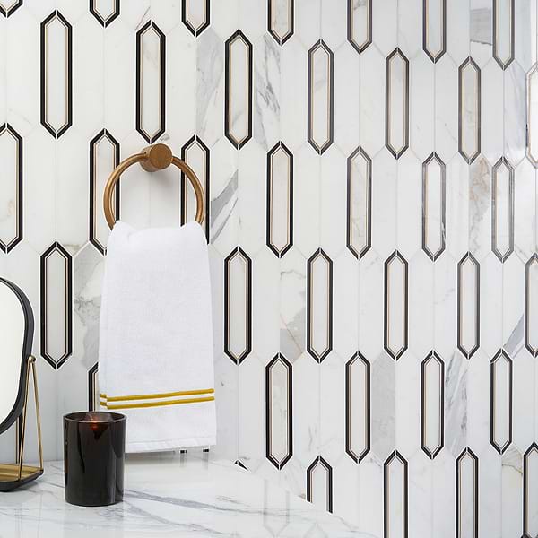 Zeus White Calacatta 2x8 Picket Polished Marble and Brass Waterjet Mosaic Tile