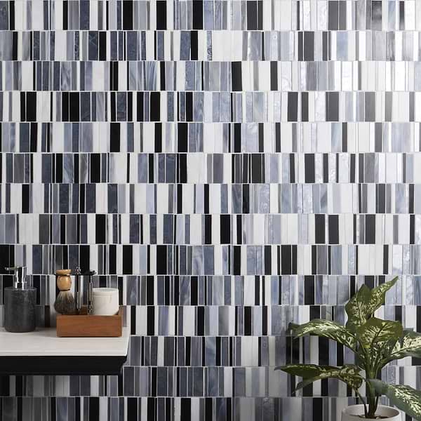 Bespoke Stacked Celestine Silver Polished Glass Mosaic