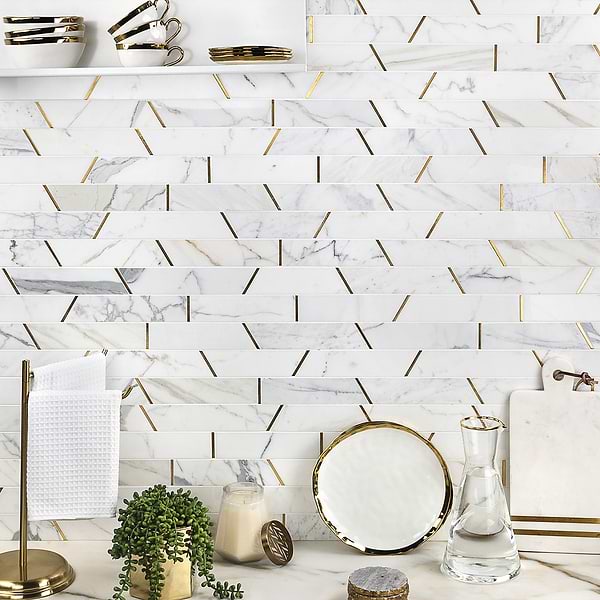 Matrix Calacatta Trapezoid Marble and Brass Polished Mosaic Tile