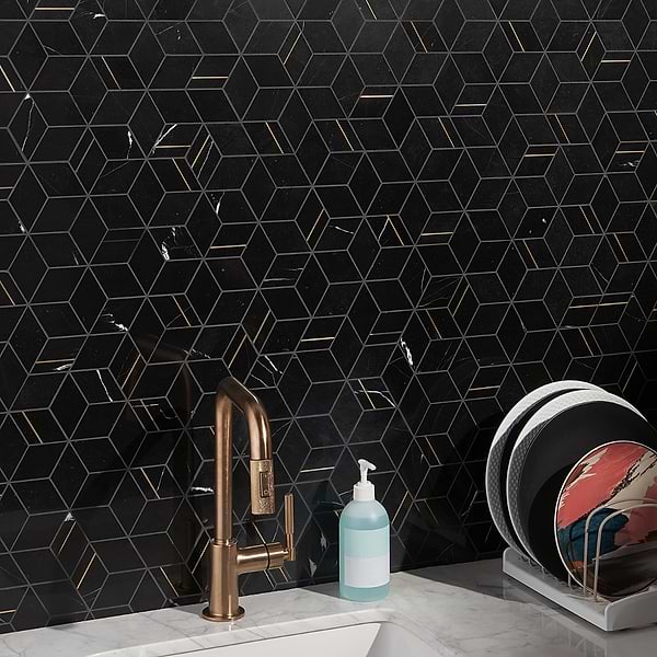 Morgana Nero Polished Marble and Brass Mosaic Tile